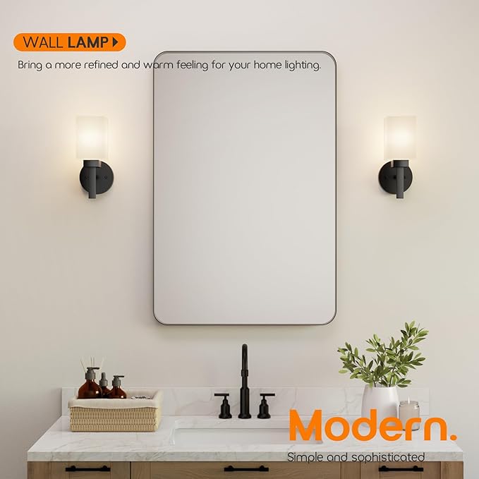 Wall Lights Matte Black Bathroom Vanity Light Fixtures Over Mirror with White Frosted Glass Shade, Wall Lamps for Porch Entrance, 2 Pack T002MB-L1-P2