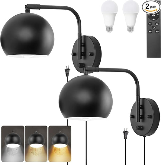 VATONI Wall Sconce with Remote Control, Dimmable Plug in Wall Sconces and Adjustable Color Temperature 2700K~6000K, Globe Swing Arm Wall Lights with Plug in Cord(2 Pack, 2 Bulbs)