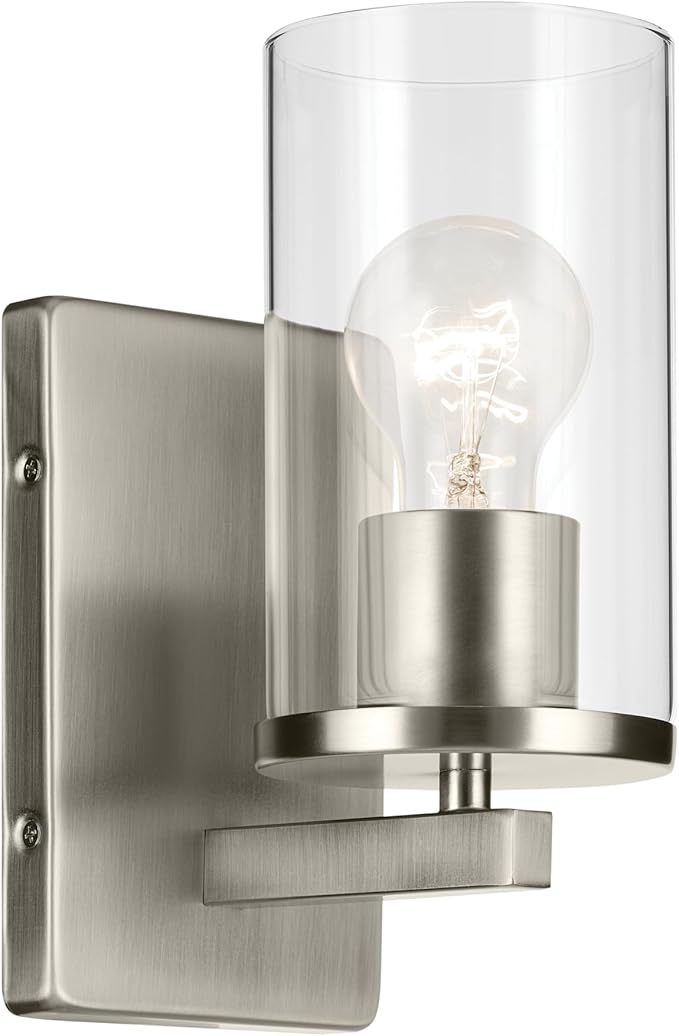 Kichler Crosby 4.5" 1-Light Wall Sconce Bathroom Light Fixture with Clear Glass in Brushed Nickel for Bathroom, Powder Room, Hallway, Kitchen, Bedroom (4.5" x 9.25"), 45495NICLR