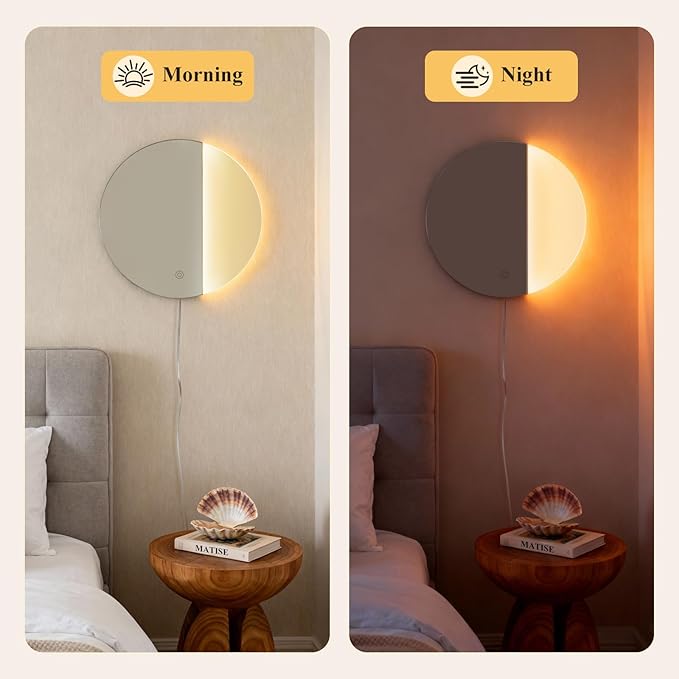 ONEWISH LED Wall Sconce, Dimmable Mirror Wall Lamp,16.93 inch Round Wall Lights for Bedroom with Memory Function, Wall Lamps for Living Room Entryway, Silver