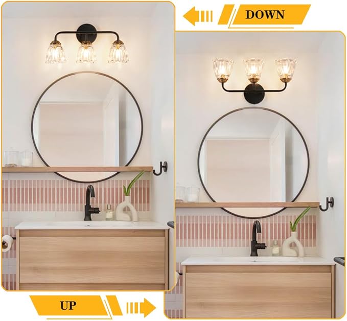 Daunton Vintage 3 Light Vanity Light, Black and Gold Bathroom Vanity Light, Bathroom Light Fixtures with Glass Shade, Antique Vanity Light Fixtures Over Mirror, Wall Sconce for Bedroom, Living Room