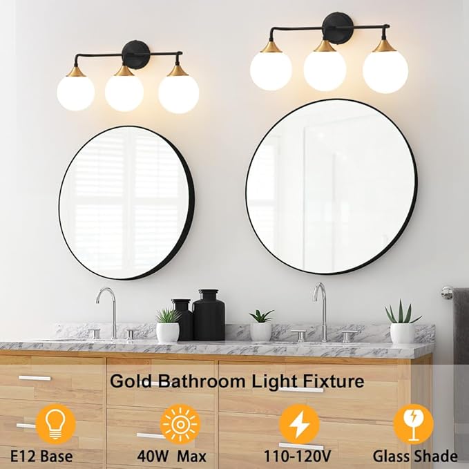 Bathroom Light Fixtures, Black Gold Bathroom Vanity Lights Over Mirror, Modern Farmhouse Wall Sconce Lighting 3-Light with Milk White Glass Ball Shades
