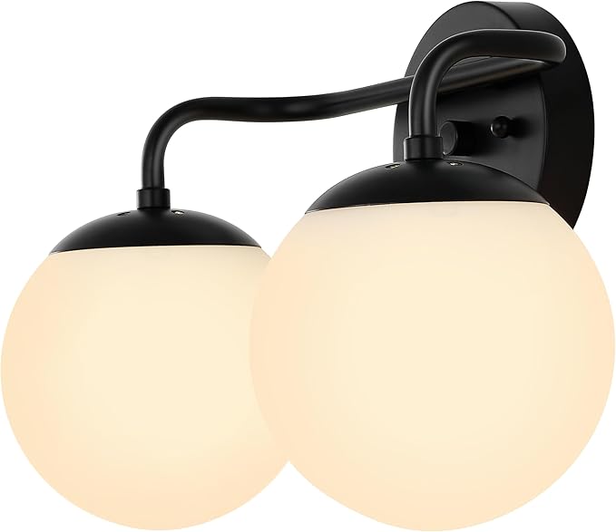 JONATHAN Y 15" Black Modern Globe Wall Sconce Vanity Light for Bathroom, White Frosted Glass Shade, Midcentury Parisian Bistro Wall Lamp, LED Bulb Included (JYL3535B)
