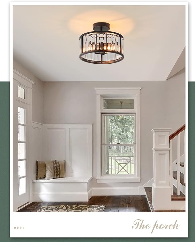Black Flush Mount Ceiling Light, 2- Light Caged Crystal Chandelier, Small Drum Hallway Light fixtures Ceiling Mount (Black)