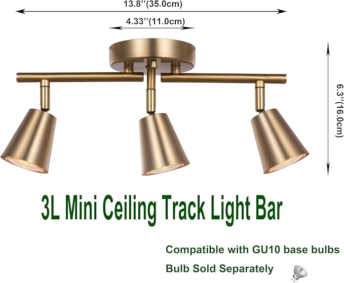 3 Light Track Lighting Kit, Matte Brass Finish Adjustable Flexibly Rotatable Light Head Modern Ceiling Spot Light for Kitchen,Bedroom,Living Room