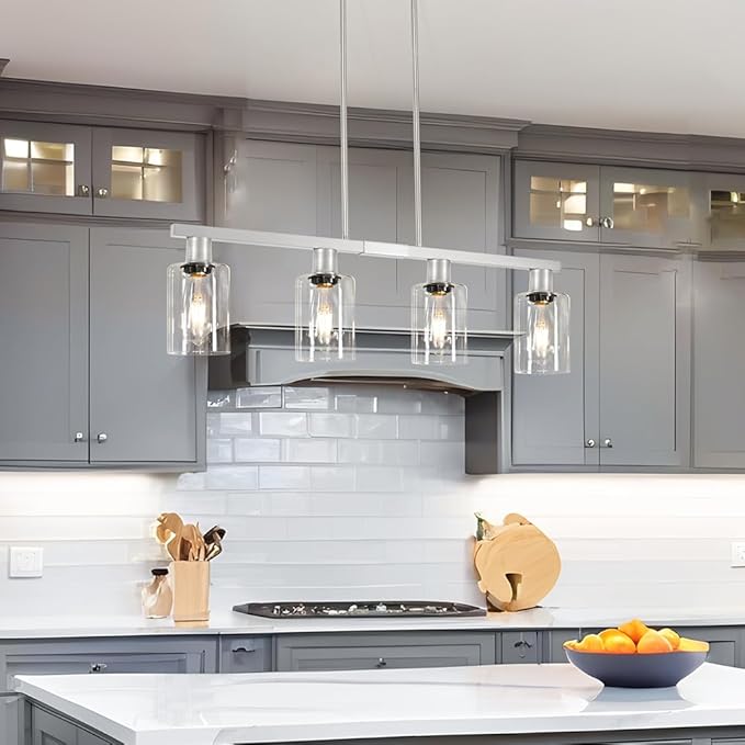 Brushed Nickel 4-Light Kitchen Island Lighting, Adjustable Island Lights for Kitchen with Clear Glass Shades - Kitchen Pendant Lighting over Sink, Farmhouse Chandelier for Dining Tables & Bars