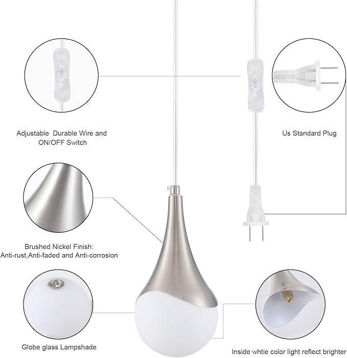 MWZ Brushed Nickel Plug in Pendant Light,Hanging Lights with On/Off Switch Cord,Mini Silver Pendant Lights for Kitchen Island,1-Light Modern Raindrop Chandelier Lamps with White Globe Glass Shade