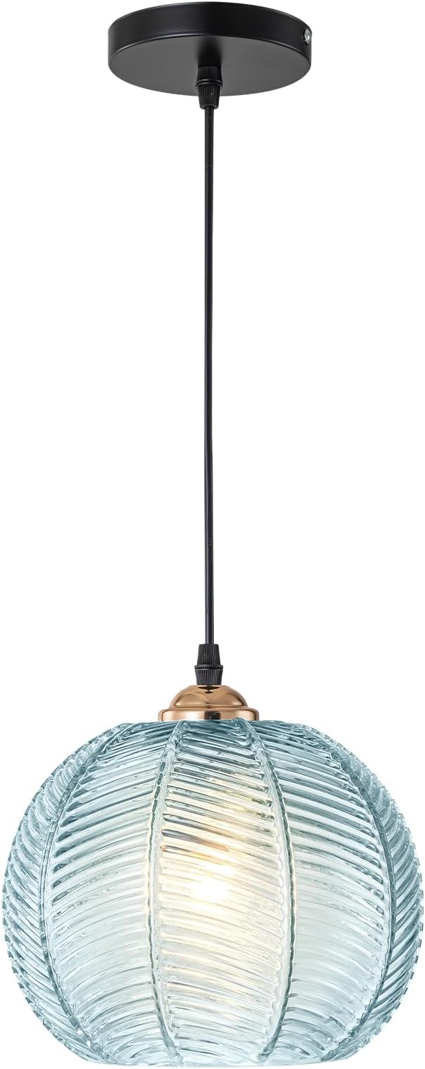 Modern Pendant Light for Bathroom, 8.6-inch Blue Hand Blown Ribbed Glass Hanging Pendant Light Fixture, Farmhouse Adjustable Hanging Lighting for Kitchen Island Dining Room Bedroom