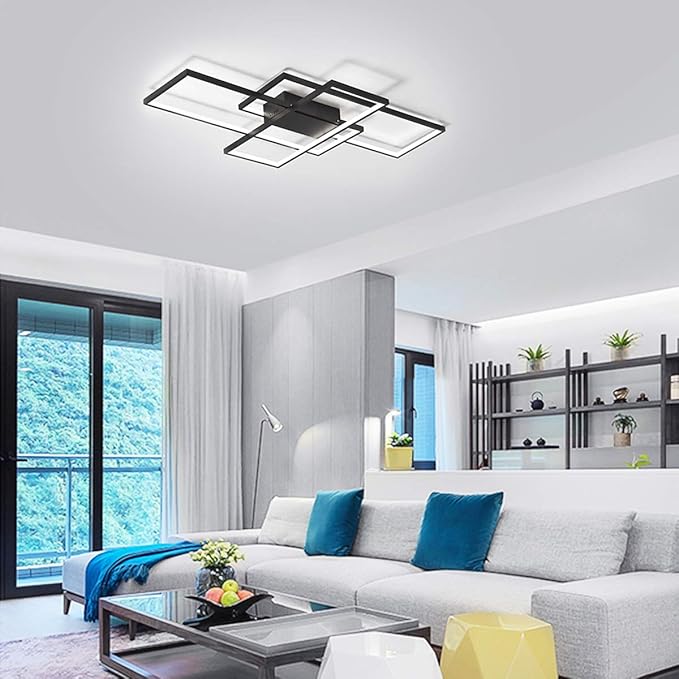 Jaycomey Modern LED Ceiling Light, 35.4in LED Black Flush Mount Ceiling Lights Fixture 75W Living Room Lighting Fixtures Chandelier Lamp for Dining Room Bedroom Kitchen White Light 6000K