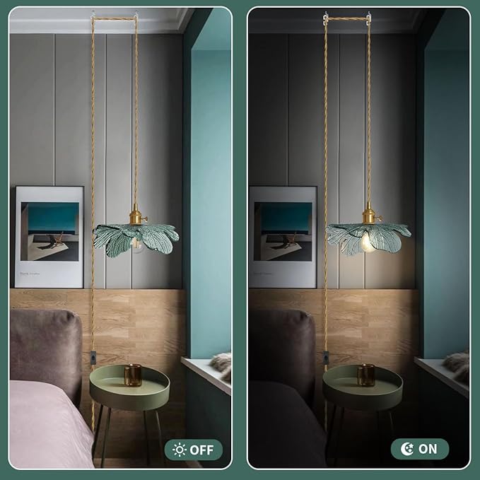 Plug in Hanging light, Modern brass Pendant Light Dark green Glass Shade 14.75ft Hanging Light with Plug in Cord Large glass pendant light Plug in Pendant Lighting for Kitchen Living Dining Room