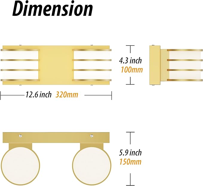 LED Bathroom Vanity Light - 12.6 Inch Gold 2-Light Fixture with White Acrylic Shades, 6000K Cool White, Mirror Lighting for Bathroom, Bedroom, Hallway, Living Room Wall Sconce