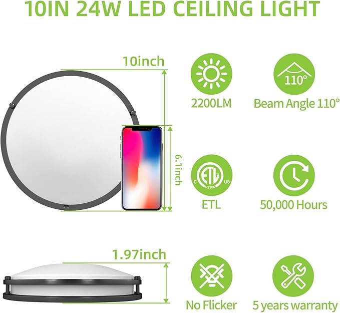 Flush Mount Ceiling Light, 10 inch Dimmable 2200lm 24W[250W Equiv], 3000K/4000K/5000K LED Light Fixture for Bedroom, Kitchen, Hallway, Bathroom, Hallway-2 Pack, Black