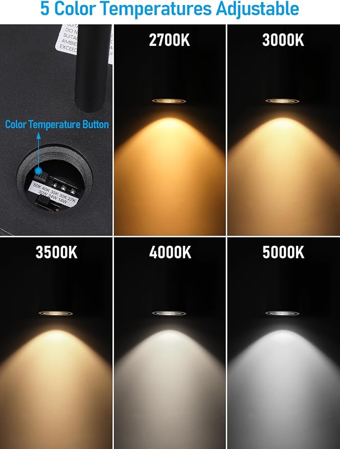 LEONLITE 5CCT 6 Inch LED Tube Architectural Pendant Downlight, Stem Mount & Surface Mount Available, 120-277V, CRI90 Dimmable Commercial Cylinder Pendant Light, 3-Wattage Selectable, Black, Pack of 2