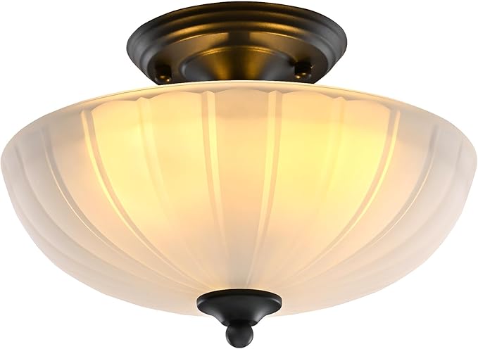 Frosted Glass Ceiling Light Fixture - Semi Flush Mount with 3 E26 Bulb Sockets, Soft Diffused Lighting/Anti-Glare Shade Lighting for Living Room Dining Room Hallway, Vintage Indoor Chandelier
