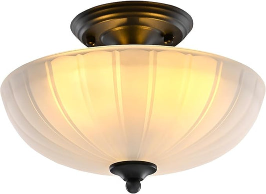 Frosted Glass Ceiling Light Fixture - Semi Flush Mount with 3 E26 Bulb Sockets, Soft Diffused Lighting/Anti-Glare Shade Lighting for Living Room Dining Room Hallway, Vintage Indoor Chandelier