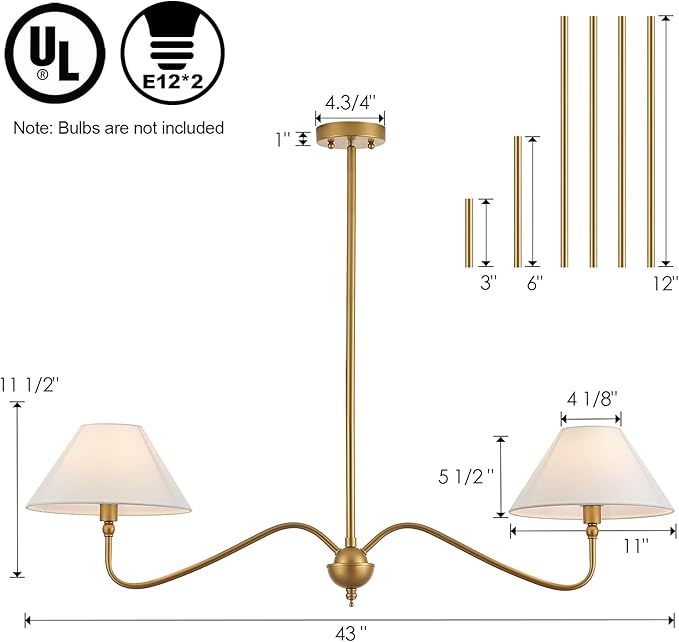 Modern Gold Linear Chandelier for Kitchen Island, 2-Light Linear Light Fixture with Off-White Fabric Shade, Rustic Pendant Light for Dining Room