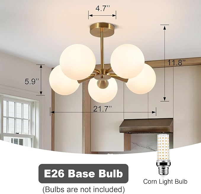 Bektas 5-Lights Semi Flush Mount Ceiling Light Fixture Brushed Gold Light Fixture Straight Bar Modeling with Milk Glass Globe for Bedroom,Living Room, Dinning Room Foyer Hallway