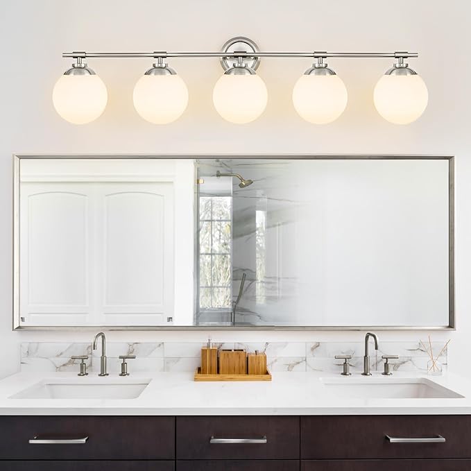 Rayogale Sand Nickel Bathroom Light Fixtures, ETL 5 Lights Vanity Lights Over Mirror with Milk Glass Soft Lighting 41 Inch Bathroom Sconces(Exclude E26 Bulb)