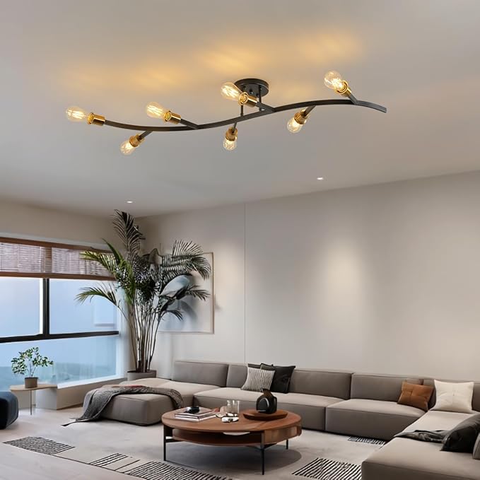 Modern Semi Flush Mount Ceiling Light Fixture for Kitchen Island,Black and Gold 7-Lights Sputnik Chandelier for Living Room,Bedroom,Office(Bulbs Not Included)