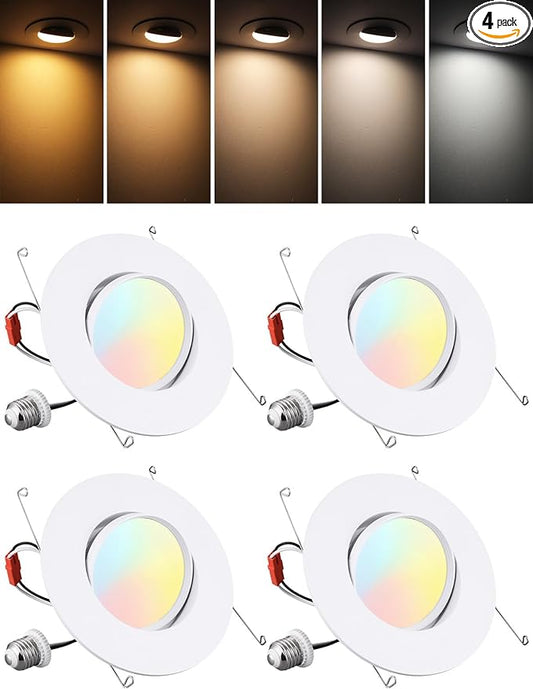 TORCHSTAR 6 Inch 5CCT Retrofit LED Gimbal Recessed Lighting, CRI90+ Dimmable Swivel Directional Can Lights, Adjustable Ceiling Downlight, 2700K/3000K/3500K/4000K/5000K, Aluminum, UL FCC ES, Pack of 4