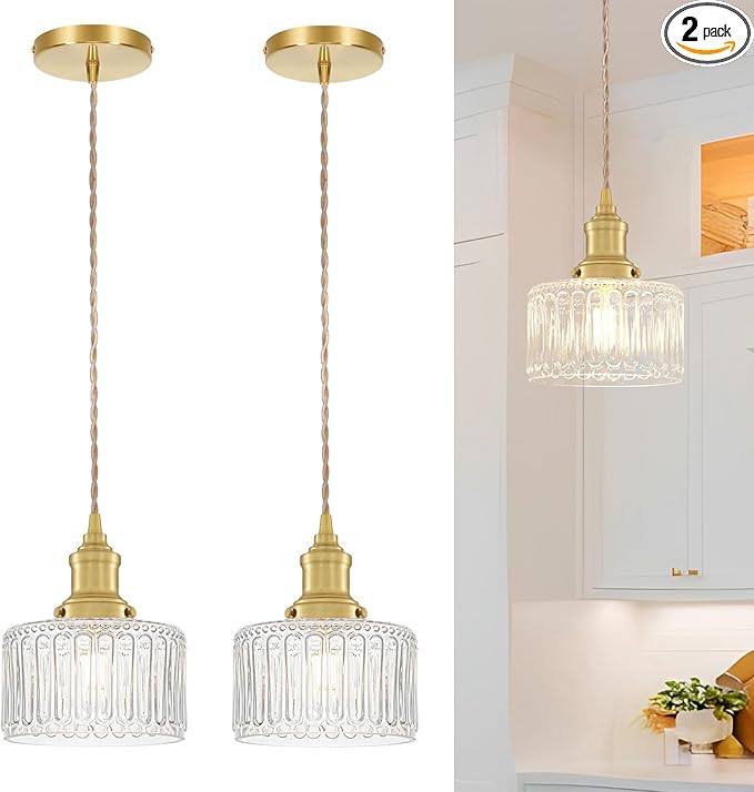 Vintage Pendant Light Set of 2, Brushed Gold Pendant Lights Kitchen Island with Clear Glass, Brass Kitchen Island Light Adjustable Hanging Light for Entrance Living Room Bathroom Dining Room Hallway