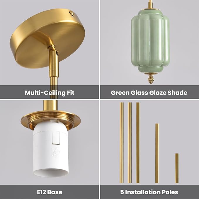 Vintage Green Glass Pendant Lights 5.5 Inch Mid Century Brass Hanging Ceiling Light, Small Adjustable Height Kitchen Island Hanging Lights for Dining Room, Kitchen, Hallway and Bedroom, E12 Base