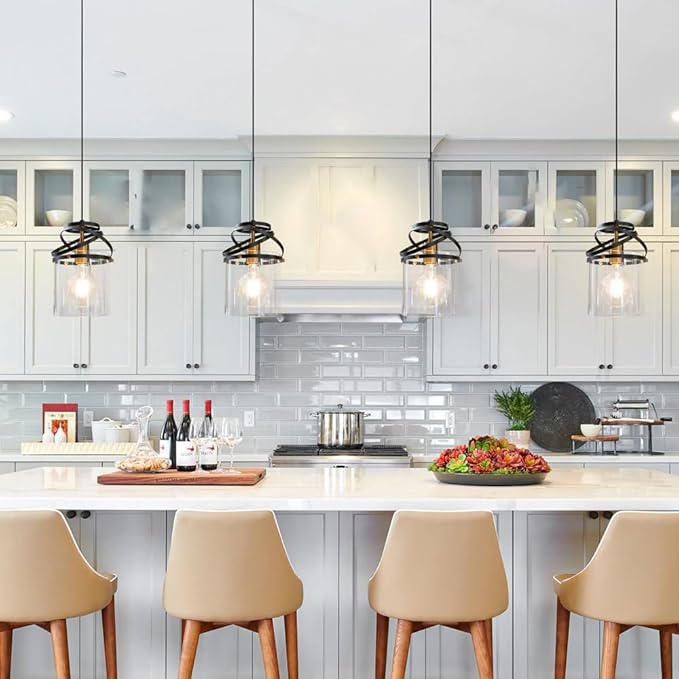 Black Kitchen Pendant Lighting over Island, Modern Glass Pendant Lighting, Hanging Lights for Living Room Set of 2, Pendant Lights Kitchen Island 2 Pack, Pendant Lamp for Dining Room, Hallway, Sink