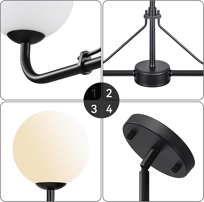 Klgxnrd 2 Lights Black Linear Chandelier, Mid Century Modern Kitchen Island Lighting, Dining Room Light Fixtures Over Table Hanging, Milk White Globe Glass Shade