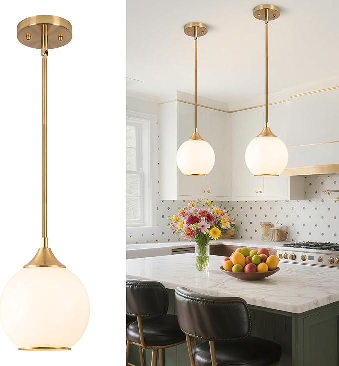 Pendant Lights Kitchen Island,Farmhouse Pendant Light with Milky Glass Globe Shade,6.29" Glass Pendant Light for Brushed Bronze Finish Farmhouse Entryway Dining Room Kitchen Island 1 Light