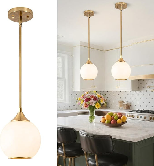 Pendant Lights Kitchen Island,Farmhouse Pendant Light with Milky Glass Globe Shade,6.29" Glass Pendant Light for Brushed Bronze Finish Farmhouse Entryway Dining Room Kitchen Island 1 Light
