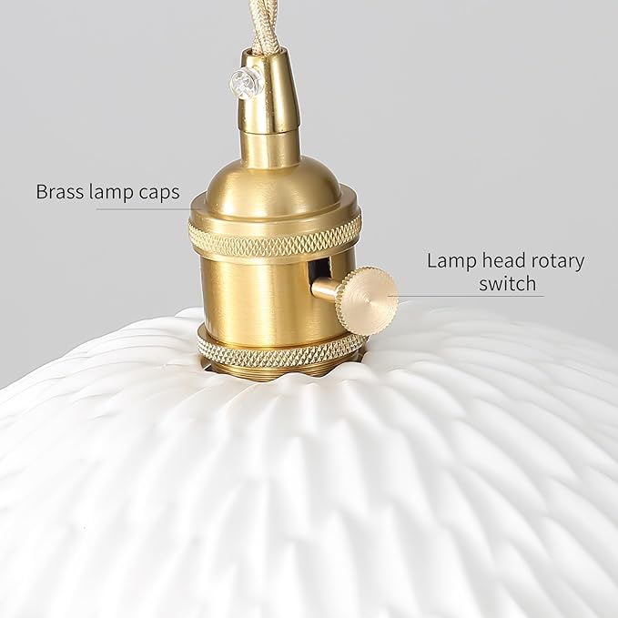 Pendant Lights Kitchen Island with Scalloped Ceramic Lampshade, Brushed Brass Pendant Light Fixture, Vintage White Hanging Light for Living Room Bedroom Dining Room Over Table