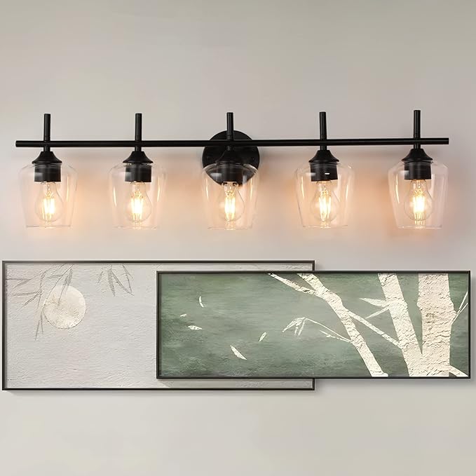 Bathroom Light Fixtures 5-Light Brushed Nickel Vanity Light with Clear Glass Shade, Modern Wall Lights for Bedroom Hallway Living Room (Black, 5-Light)
