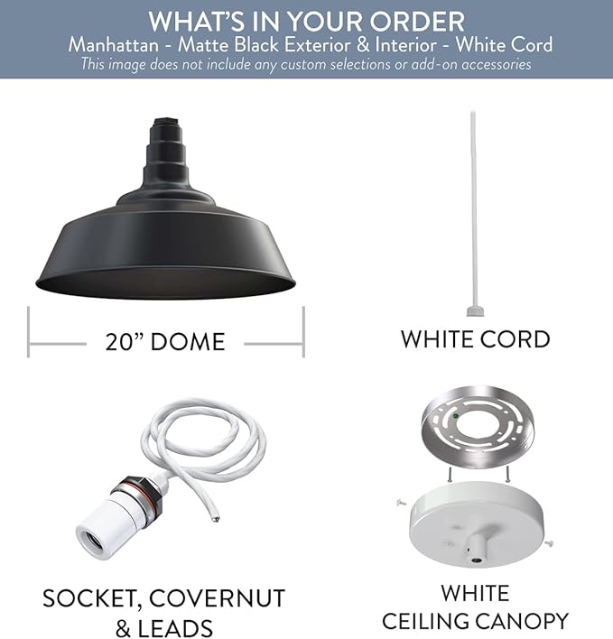 Steel Lighting Co. Manhattan Warehouse Light | Ceiling Mounted Pendant | 20 inch Dome | White Cord | Large Steel Barn Light Made in America | Matte Black Exterior/Matte Black Interior
