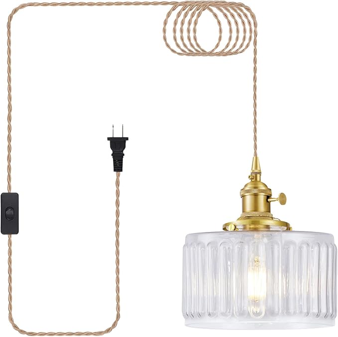 Plug in Pendant Light, Hanging Lights with Plug in Cord, Hanging Light Fixture with Clear Glass, E26 Pendant Lighting for Kitchen Island, Bedroom, Living Room-Transparent Color