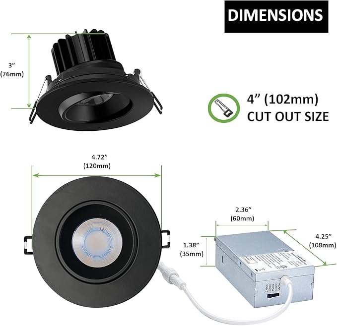 POPANU Canless Recessed Gimbal Downlight - Suitable for 20ft High Ceiling 1200lm 4 Inch 15W LED Rotatable Eyeball Spotlight, 5CCT Dimmable Lights with Junction Box, Anti-Glare, Black 4 Pack