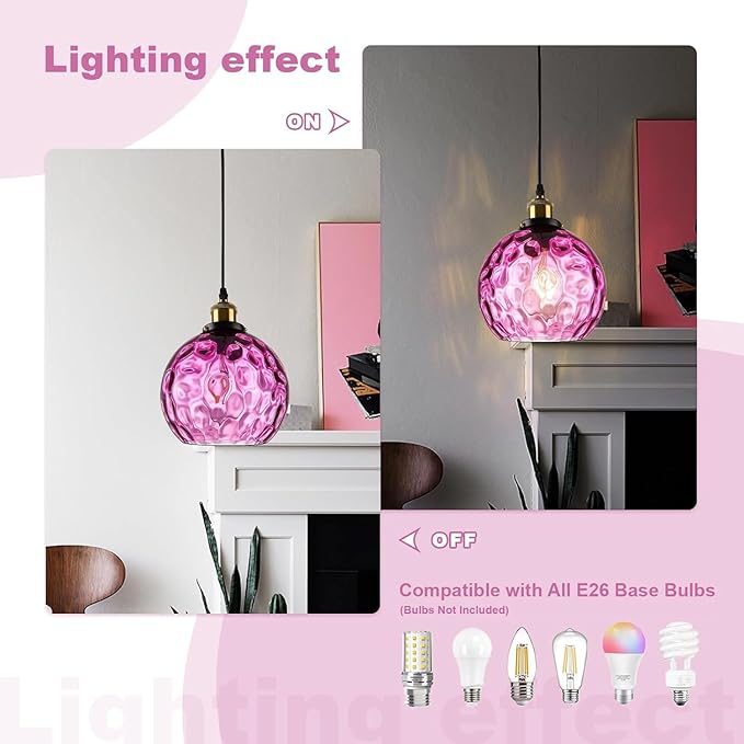 Purple Hanging Lights Plug in Pendant Lights Handblown Glsss Chandelier Plug in Light with Ceiling, Purple Glass Pendant Light for Kitchen Island, Dining Room, E26, No Bulb, 2 Pack