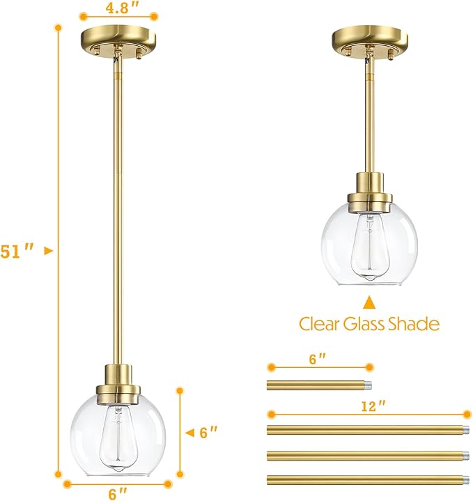 gernehop 2 Pack Globe Pendant Light Gold Mid Century Modern Light Fixture, Clear Glass Pendant Lights Kitchen Island Pendant Lights Brushed Brass Finished with Clear Glass Lampshade