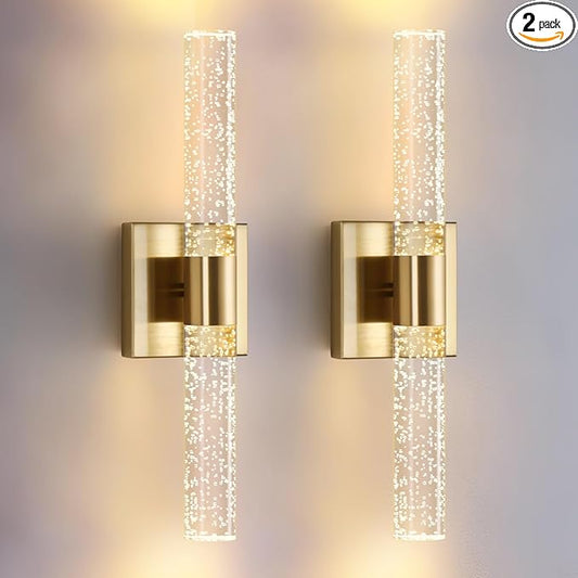 18 Inch Bathroom Sconces Set of 2, 3 Color Temperature Bubble Crystal Led Wall Sconce Indoor Wall Mount Vanity Light Bar Brass Hardwired Wall Sconce for Bedroom Living Room, 12W