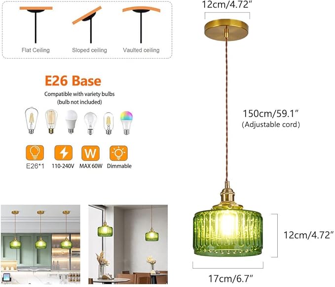 Single Glass Pendant Light Green Striped Glass Shade Brushed Brass Gold Pendant Lights Fixture Farmhouse 1-Light Vintage Industrial Ceiling Hanging Light for Dining Room Kitchen Island