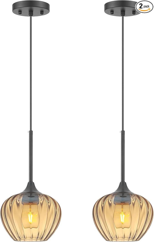 2-Pack Amber Pendant Lights for Kitchen Island, 7" Vintage Glass Pendant Lighting Mini Light Fixtures Adjustable Hanging Light for Kitchen, Dining Room, Bar, Bathroom