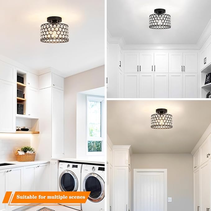 Black Crystal Ceiling Light Fixture - Modern Semi Flush Mount Ceiling Chandelier Lighting for Hallway, Kitchen & Foyer | Dazzling Prism Chandelier with Easy Installation,1 Light, 9 in