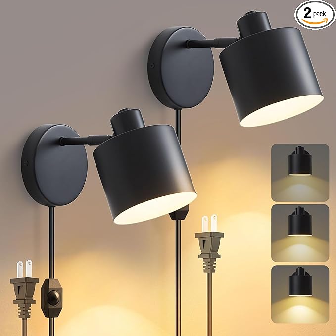 LIGHTESS Plug in Wall Sconces Set of 2 with Switch, 350° Rotatable Dimmable Corded Wall Sconce, Black Wall Lamps for Bedroom Living Room Hallway Kitchen Bedside (Bulb Not Included)