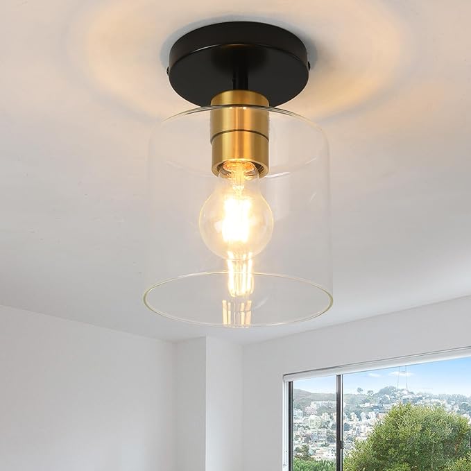 Black Brass Semi Flush Mount Ceiling Light,Modern Farmhouse Ceiling Light Fixture for Closet Entryway,Hallway Light Fixture 5.9in Clear Glass Shade 1 Pack