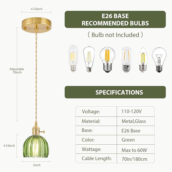 Mini Pendant Lights Kitchen Island, Small Adjustable Pendant Light Fixture with Green Tulip Glass Lampshade, Vintage Gold Pendant Lighting, Pendant Light for Bedroom Dining Room Hallway