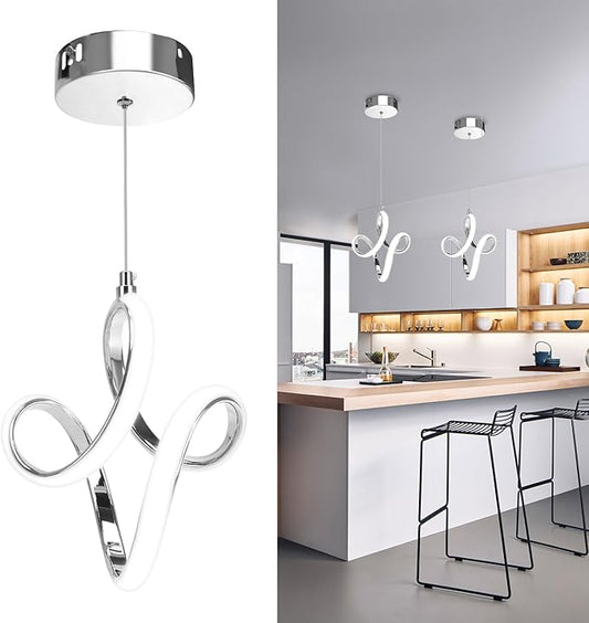 Modern Led Pendant Light 5500K Cold White Kitchen Island Pendant Light Fixtures Adjustable Height Led Pendant Lamp for Kitchen Island Dining Room Hanging Light, 1 Pack (Chrome)