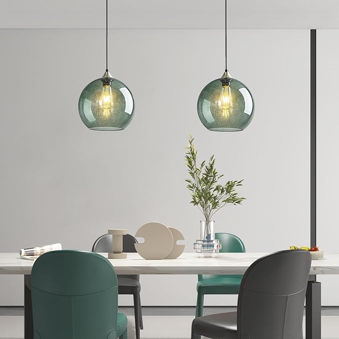 Modern 2-Pack Glass Globe Pendant Lights, Gray Green Modern Pendant Lighting for Kitchen Island, Glass Hanging Lamps for Dining Room Living Room Bedroom, Medium 7.87 Inch Fixture (Bulbs Not Included)