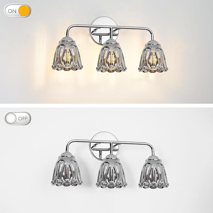 Daunton Vintage 3 Light Vanity Light, Chrome Bathroom Vanity Light, Bathroom Light Fixtures with Smokegray Glass Shade, Antique Vanity Light Fixtures Over Mirror, Wall Sconce for Bedroom, Living Room