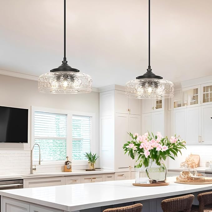 Black 3-Light Pendant Light with 12in Glass Shade, Farmhouse Pendant Lights Kitchen Island, Adjustable Hight & Angle Bathroom Pendant Ceiling Hanging Light Fixtures for Home Bedroom Hallway, 3*E12