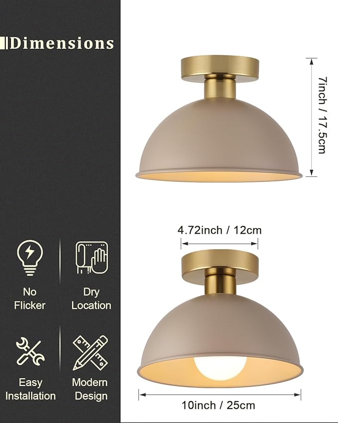 Industrial Semi Flush Mount Ceiling Light with Gold Plate and Brown Shade, Farmhouse Ceiling Light Fixture for Kitchen Island Dining Room Foyer Hallway Porch Barn Loft，10in
