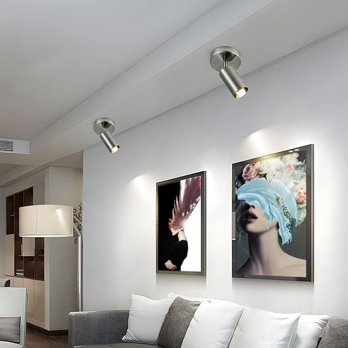 Track Lighting Ceiling Spotlight, 2-Light Satin Nickel Ceiling Light Fixture, Gu10 Spotlights Indoor Angle Adjustment Modern Wall Lamp for Living Room, Gallery, Cabinet, Hallway